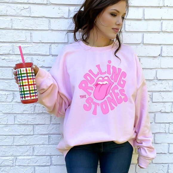 Womens Bright Pink Rolling Stones Rock Graphic On Light Pink Crewneck Sweatshirt - Picture 4 of 4